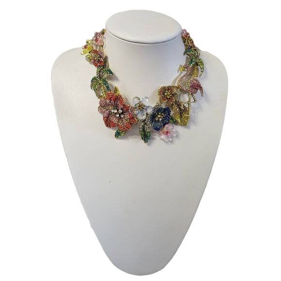 Gold Tone Multi-Color Czech Tropical Bib Necklace 16 plus 3 inch extender - Picture 2 of 7